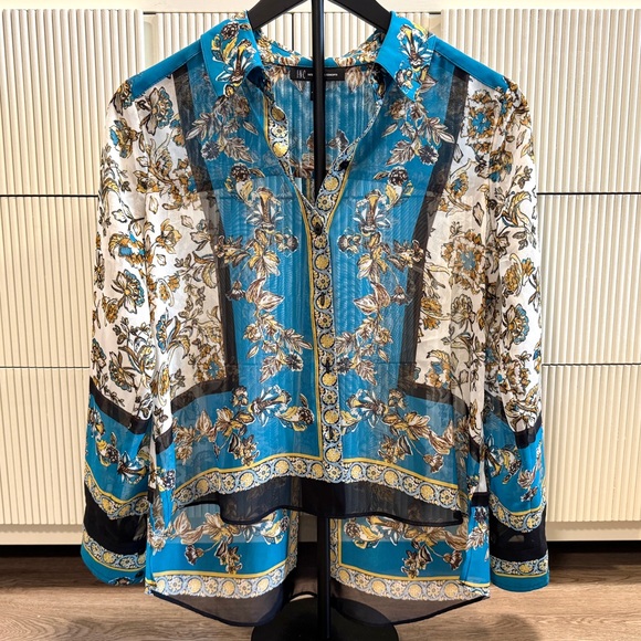 Floral Sheer Blouse with Blue and Black Accents. Women’s size petite small. - Picture 1 of 5